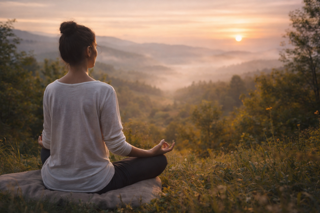 Pessoa a meditar na natureza com luz suave